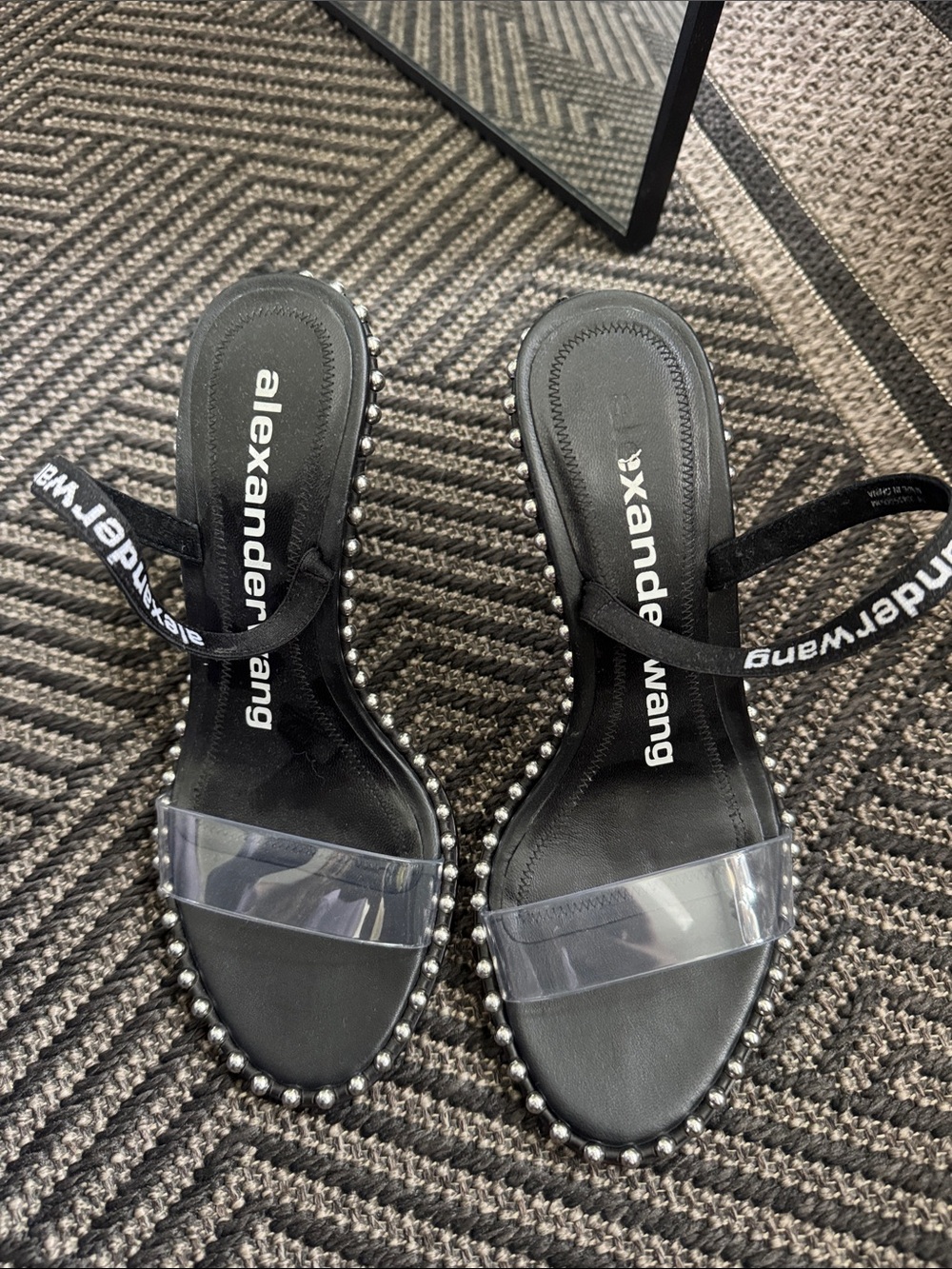 Alexander Wang Black Sandals with Clear Toe Strap and Studded Trim